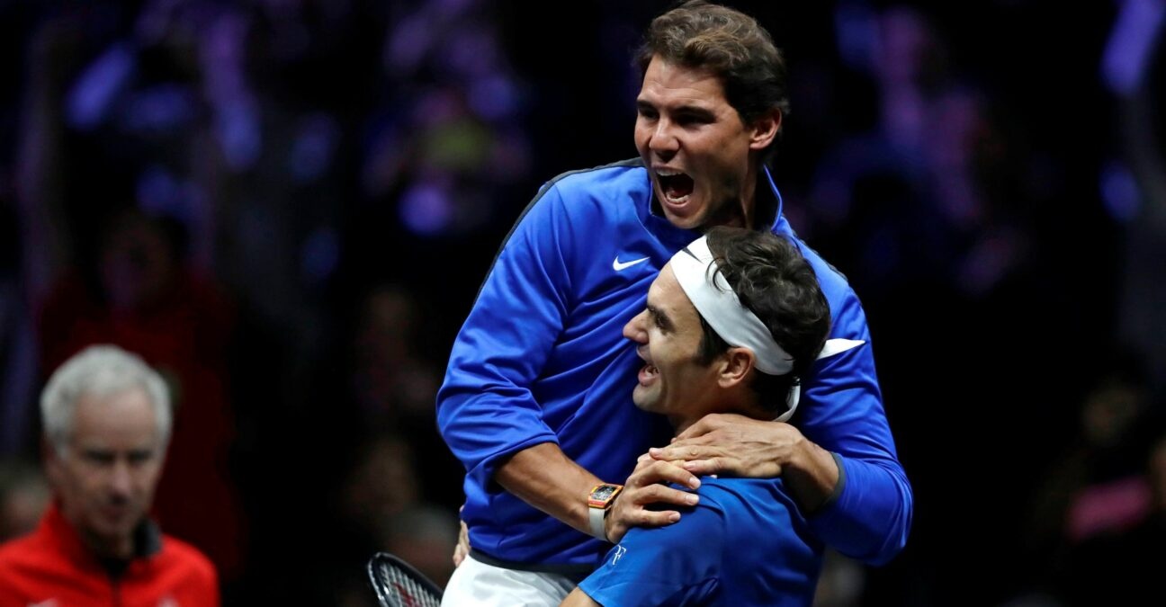Rafael Nadal congratulates Roger Federer during the Laver Cup in 2017