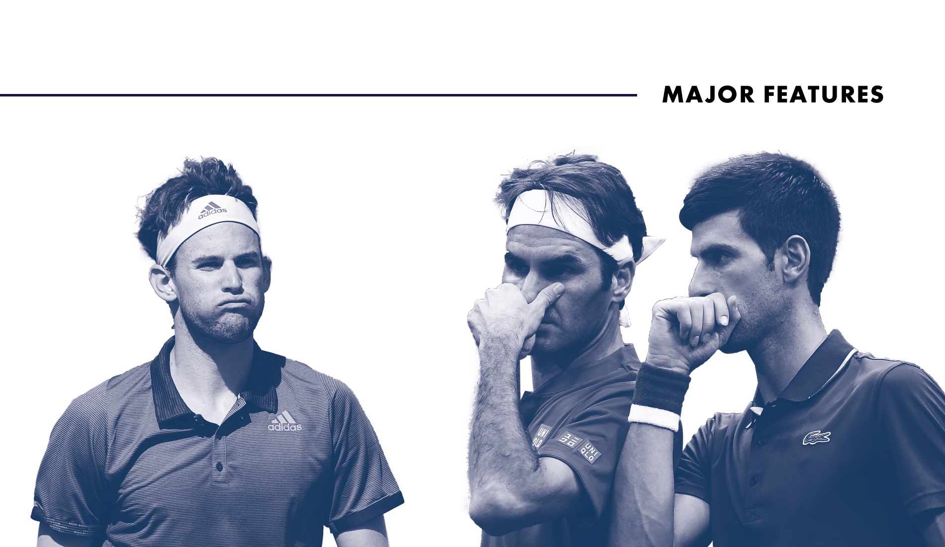 Dominic Thiem, Roger Federer, Novak Djokovic, for the Tennis Majors feature about player relief funds