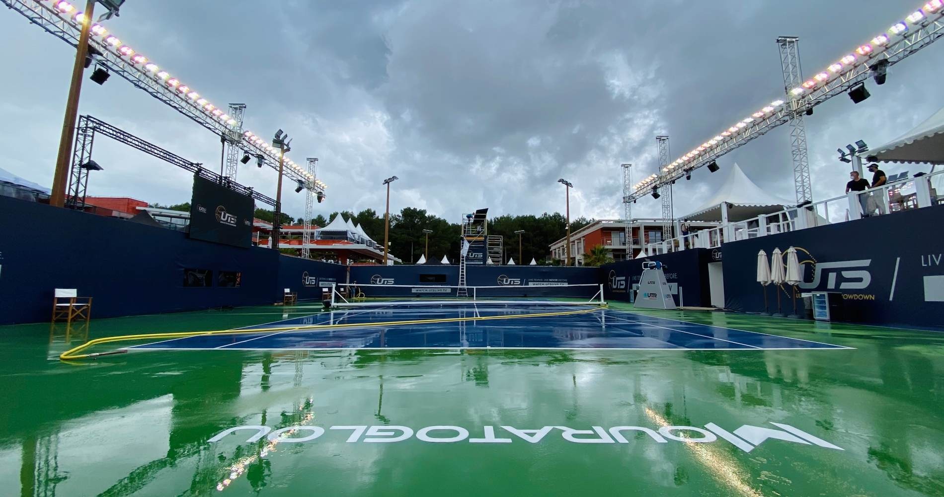 The centre court of the Mouratoglou Academy wet