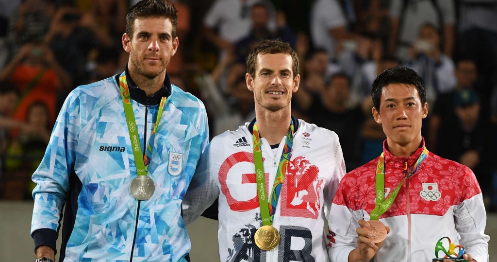 Juan Martin Del Potro, Andy Murray and Kei Nishikori on the men's podium at the Rio Olympic Games, 2016