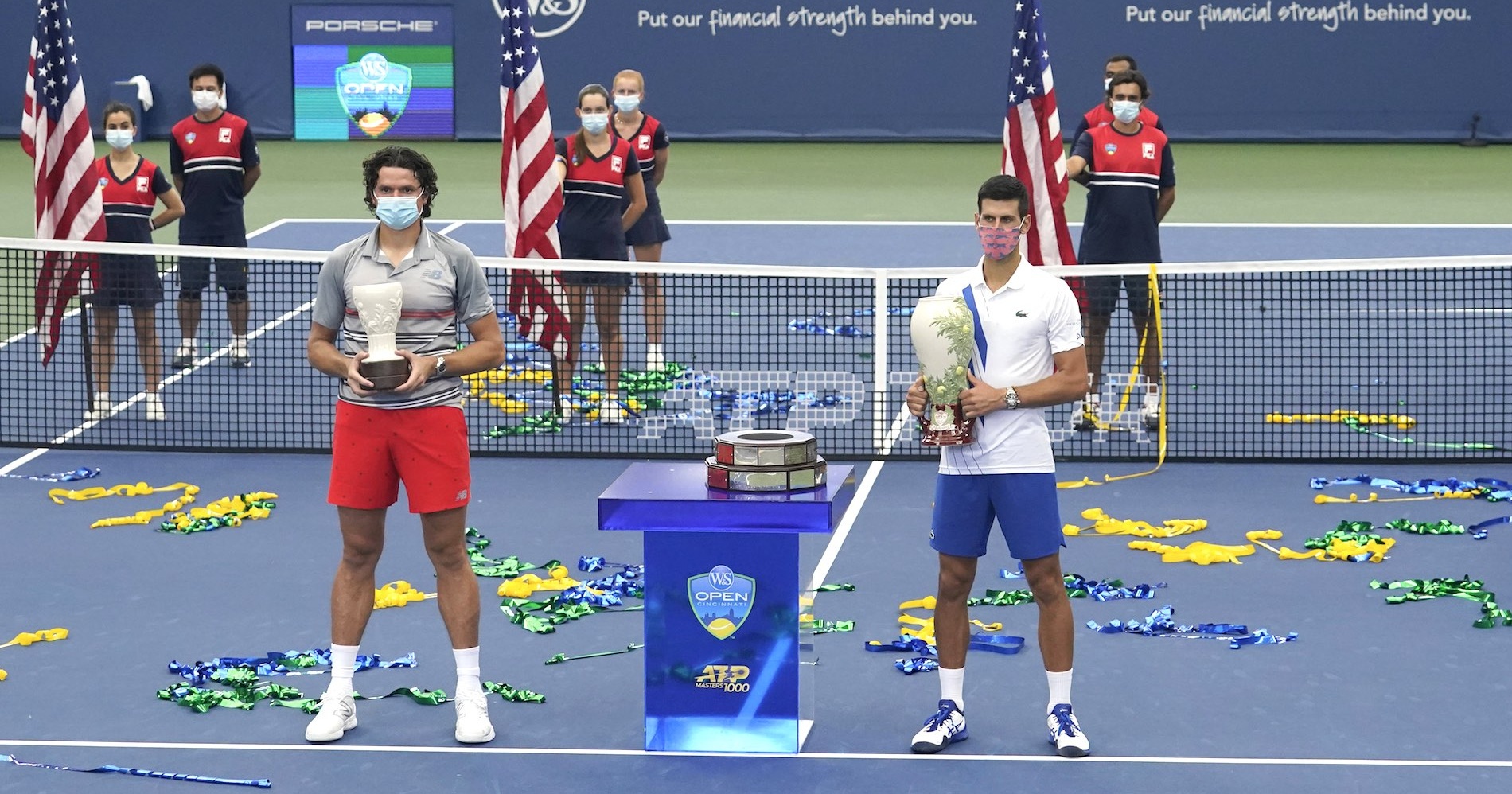 Milos Raonic and Novak Djokovic after 2020 Southern and Western final, New York, August 2020