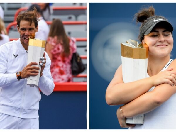 Rafael Nadal and Bianca Andreescu with their trophies after winning the Rogers Cup in 2019