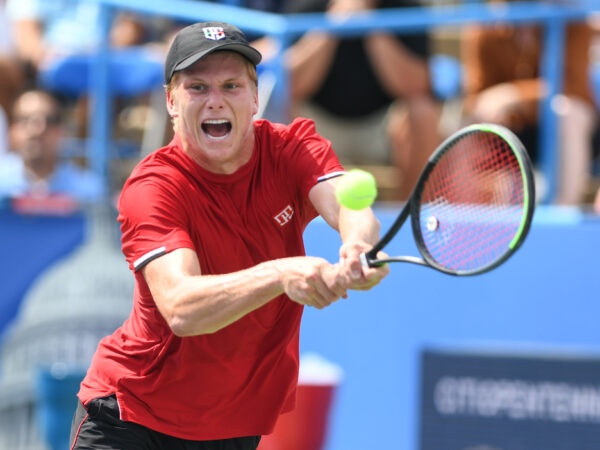 August 6, 2021, Washington, D.C, U.S: JENSON BROOKSBY hits a BACKHAND during his match against John Millman at the Rock Creek Tennis Center.