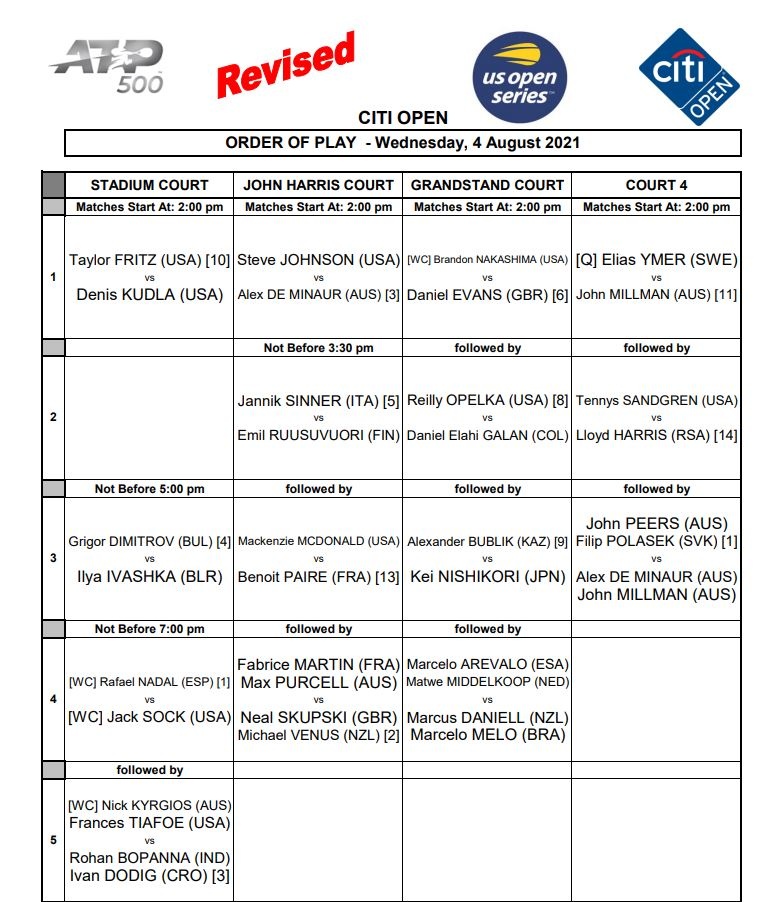 Citi Open Wednesday August 4 Order of Play 