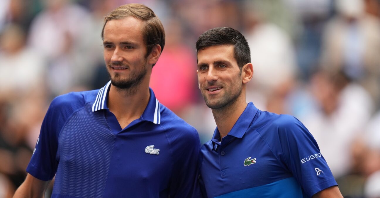 Danill Medvedev of Russia and Novak Djokovic of Serbia pose for a photo together before the men's singles final on day fourteen of the 2021 U.S. Open tennis tournament at USTA Billie Jean King National Tennis Center.