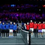 Rod Laver lines up for a photo alongside Team World players and captain John McEnroe and the Team Europe players and captain Bjorn Borg before the start of play at the 2019 Laver Cup