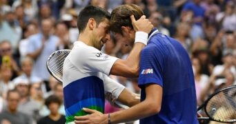 Novak Djokovic & Daniil Medvedev after the 2021 US Open Final