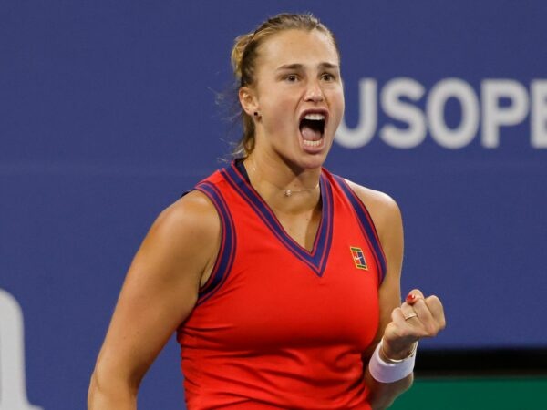 Arnya Sabalenka of Belarus reacts after winning a point against Danielle Collins of the United States (not pictured) on day five of the 2021 U.S. Open tennis tournament at USTA Billie Jean King National Tennis Center.