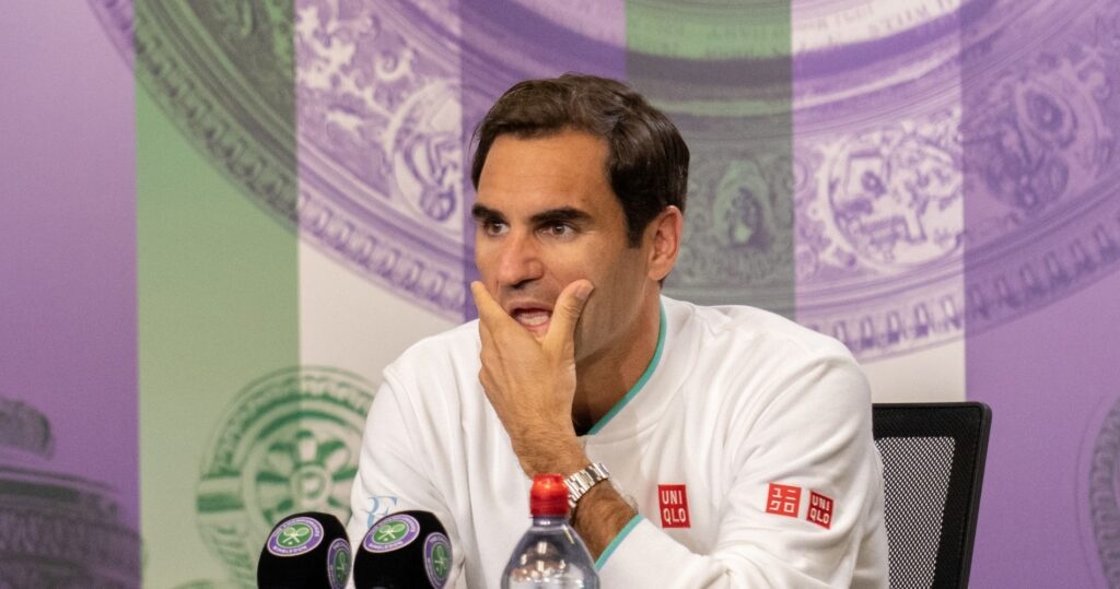 Roger Federer during a press conference after losing his quarter final match against Poland's Hubert Hurkacz at Wimbledon