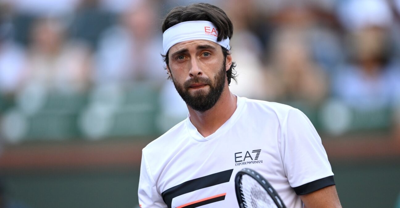 Nikoloz Basilashvili (GEO) reacts after defeating Taylor Fritz (USA) in the semifinal match at the BNP Paribas Open at the Indian Wells Tennis Garden.