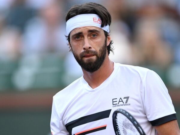 Nikoloz Basilashvili (GEO) reacts after defeating Taylor Fritz (USA) in the semifinal match at the BNP Paribas Open at the Indian Wells Tennis Garden.