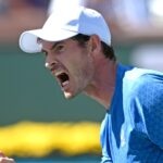 Andy Murray (GBR) reacts after winning a point during his second round match against Carlos Alcaraz (ESP) in the BNP Paribas Open at the Indian Wells Tennis Garden.