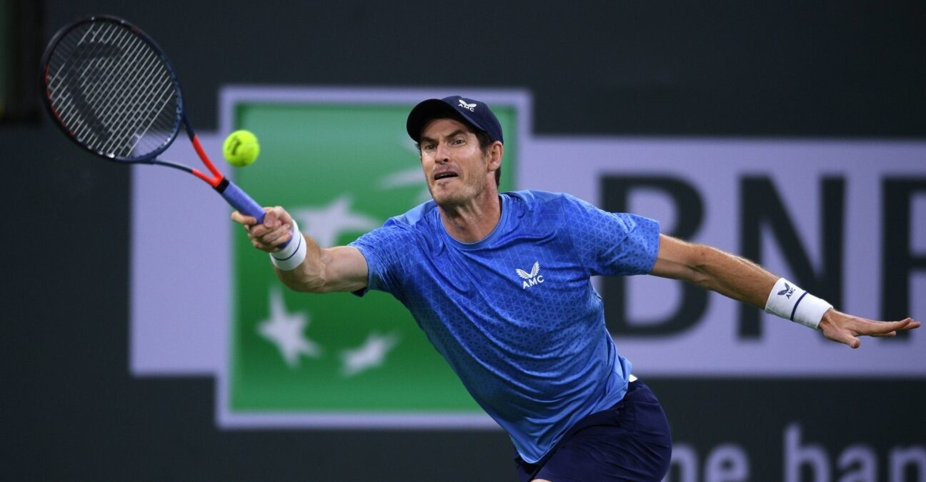 Andy Murray (GBR) hits a shot against Adrian Mannarino (FRA) at Indian Wells Tennis Garden.