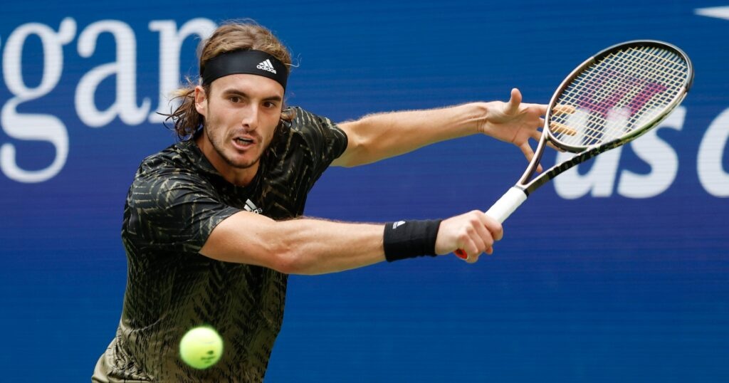 Stefanos Tsitsipas of Greece hits a shot in a third round match on day five of the 2021 U.S. Open tennis tournament at USTA Billie Jean King National Tennis Center.