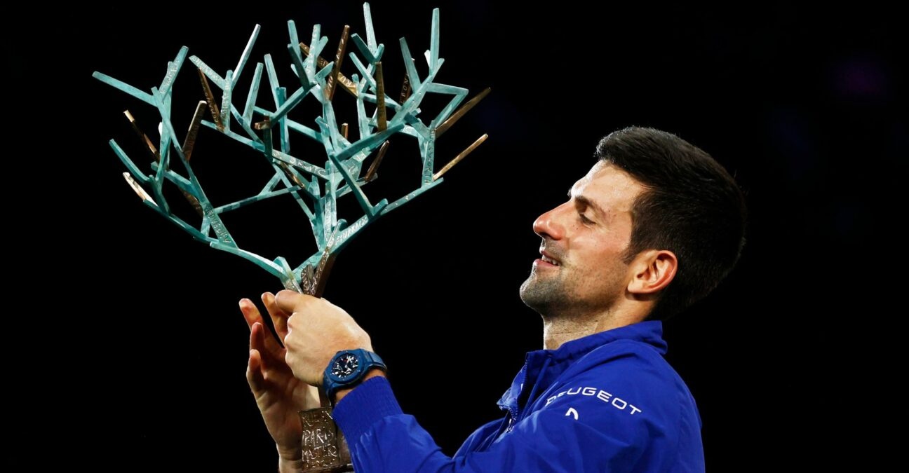 Novak Djokovic with the 2021 Rolex Paris Masters Trophy