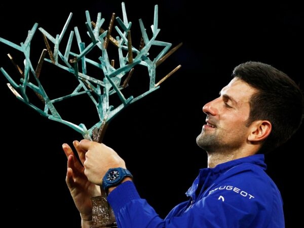Novak Djokovic with the 2021 Rolex Paris Masters Trophy