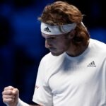 Greece's Stefanos Tsitsipas reacts during his group stage match at the ATP Finals against Russia's Andrey Rublev