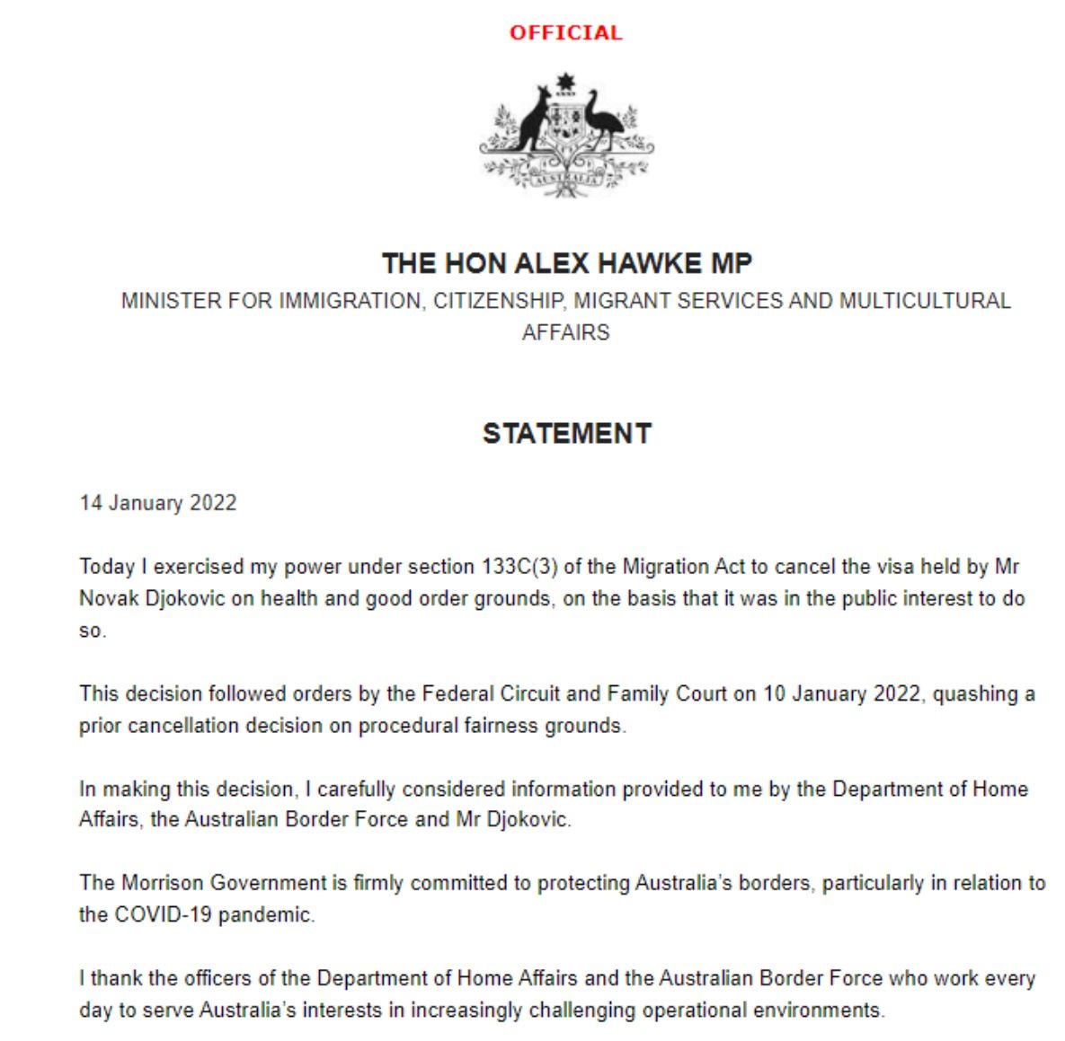 Novak Djokovic Statement from Alex Hawke Australian Immigration Minister