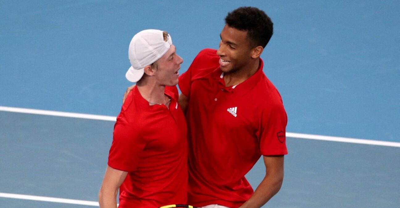 Canada's Felix Auger-Aliassime and Denis Shapovalov celebrate winning their semi final doubles match against Russia's Daniil Medvedev and Roman Safiullin at the ATP Cup
