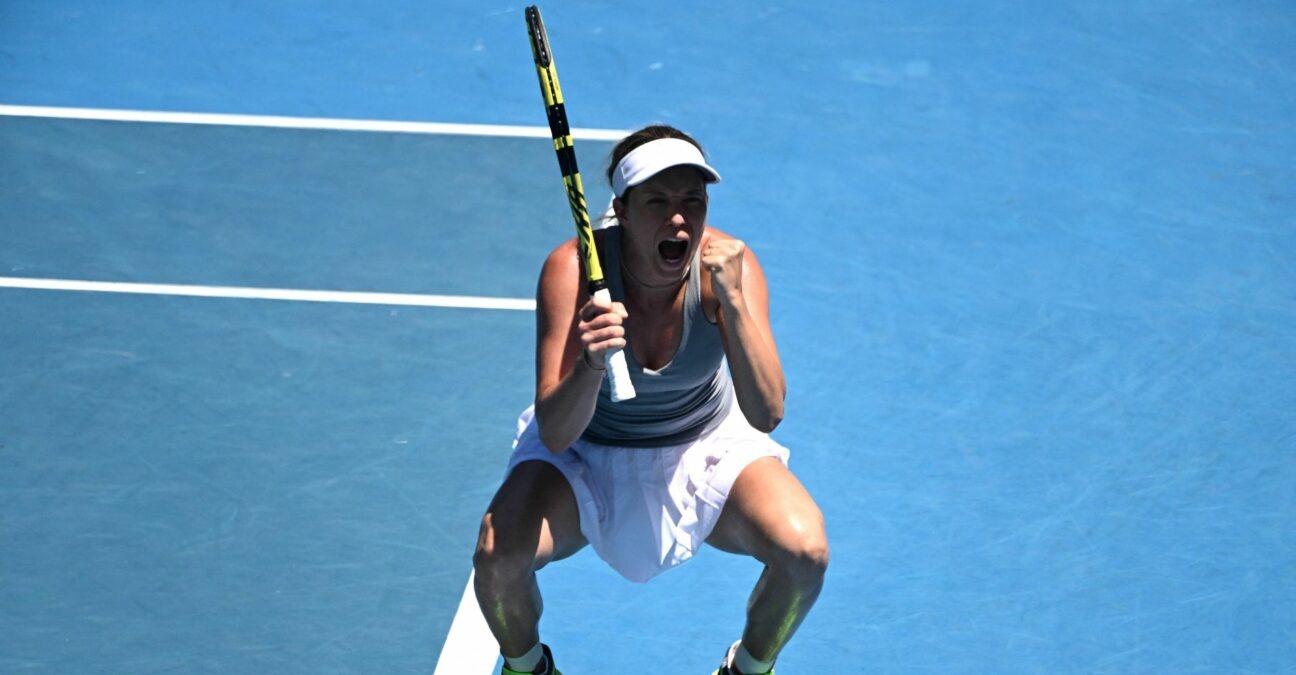 Danielle Collins of the U.S. celebrates winning her quarter final match against France's Alize Cornet at the 2022 Australian Open