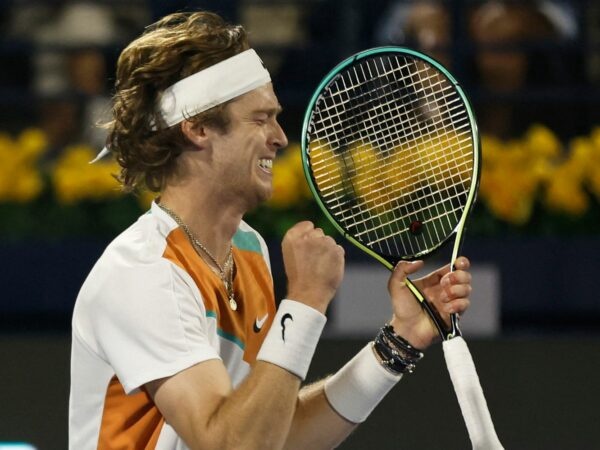 Russia's Andrey Rublev celebrates winning the final match against Czech Republic's Jiri Vesely at the Dubai Tennis Championships