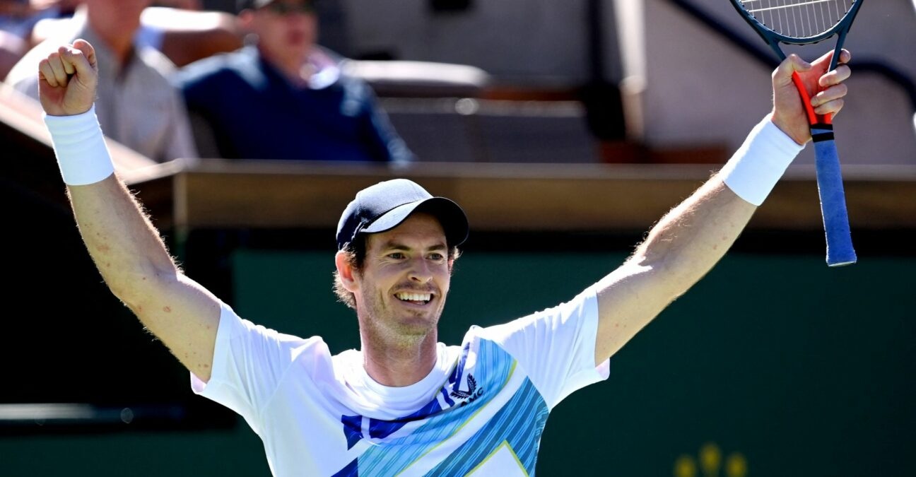 Andy Murray (GBR) celebrates after defeating Taro Daniel (JPN) for his 700th career match win at the BNP Paribas Open at the Indian Wells Tennis Garden.