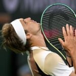 Alexander Zverev (GER) reacts after missing a point in his second round match against Tommy Paul (USA) at the BNP Paribas Open at the Indian Wells Tennis Garden.