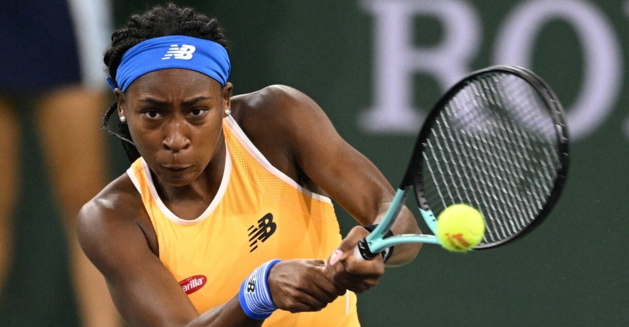 Coco Gauff (USA) hits a shot in her third round match against Simona Halep (ROU) at the BNP Paribas Open at the Indian Wells