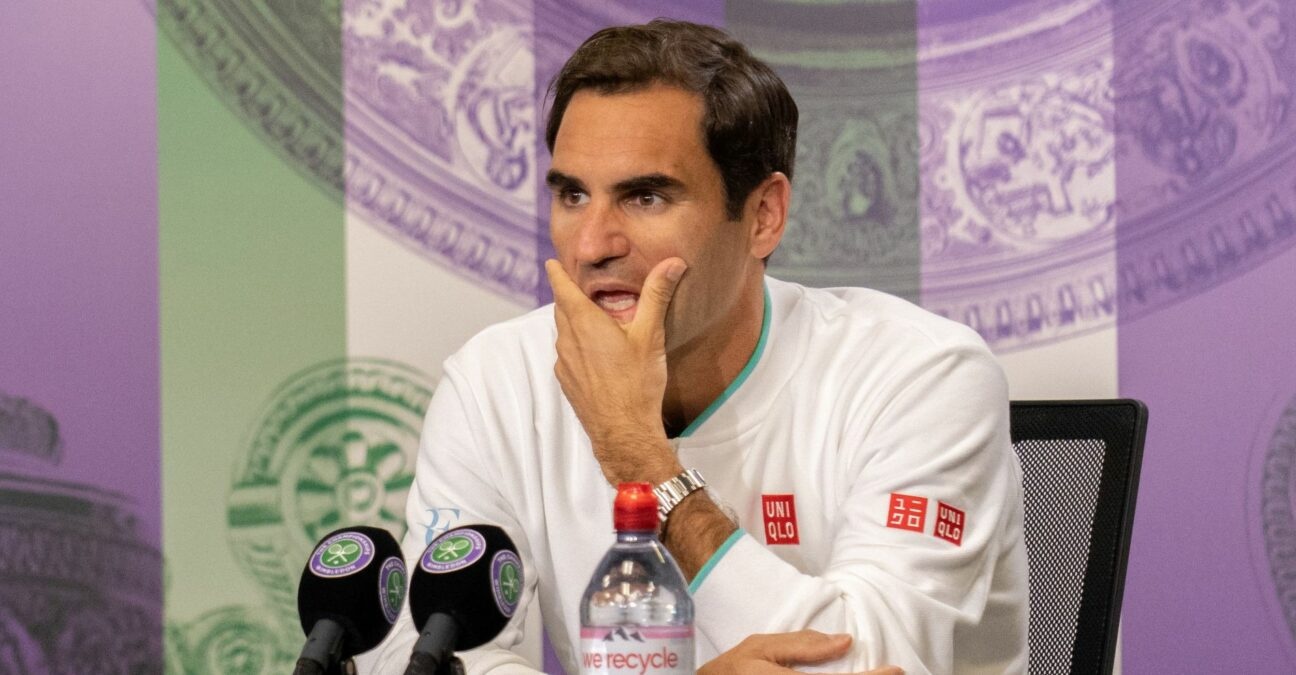 Switzerland's Roger Federer during a press conference after losing his quarter final match at Wimbledon in 2021