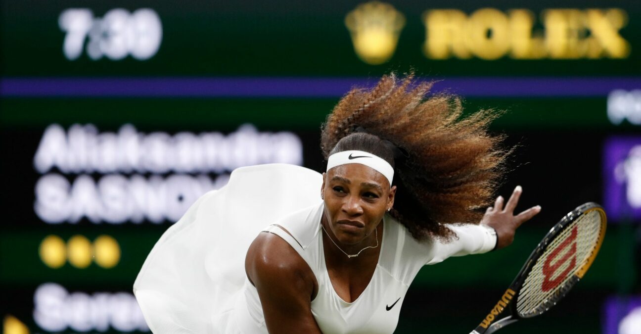 Serena Williams of the U.S. in action during her first round match at Wimbledon 2021