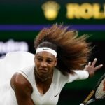 Serena Williams of the U.S. in action during her first round match at Wimbledon 2021