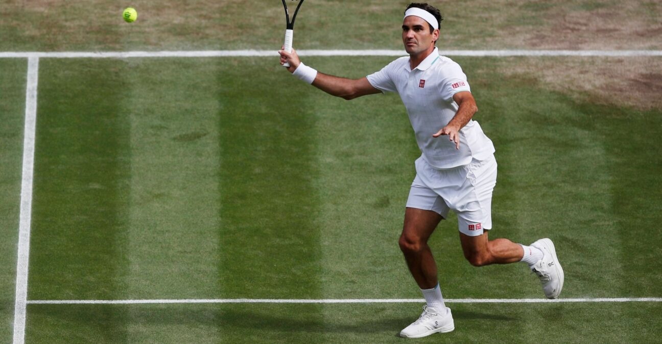 Switzerland's Roger Federer in action during his quarter final match against Poland's Hubert Hurkacz at Wimbledon in 2021