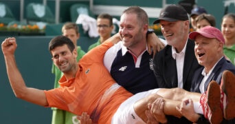 Novak Djokovic with Marian Vajda, right, Gebhard Gritsch and Miljan Amanovic.