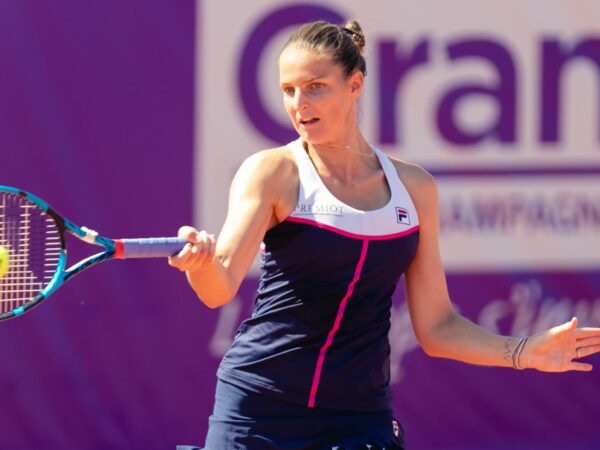 Karolina Pliskova in action during her Round of 16 Singles match of the 2022 Strasbourg Internationals