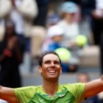 Spain's Rafael Nadal celebrates after winning his first round match against Australia's Jordan Thompson at the French Open