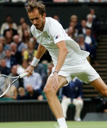Russia's Daniil Medvedev in action during his fourth round match at Wimbledon