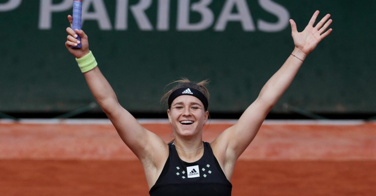 Czech Republic's Karolina Muchova celebrates winning her second round match against Greece's Maria Sakkari
