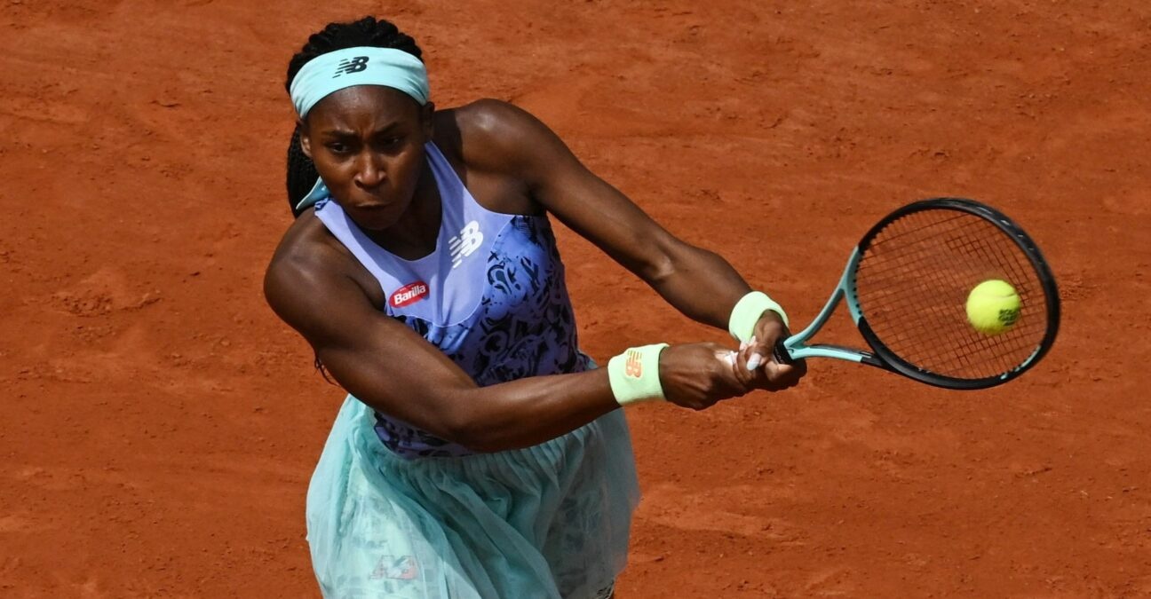 Coco Gauff of the U.S. in action during her fourth round match against Belgium's Elise Mertens at the French Open