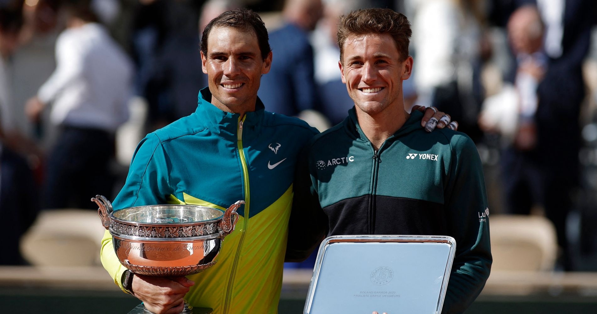 Spain's Rafael Nadal and Norway's Casper Ruud pose with trophies after the men's singles final at Roland Garros 2022