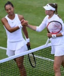 Elena Rybakina shakes hands with China's Qinwen Zheng after winning their third round match at Wimbledon 2022