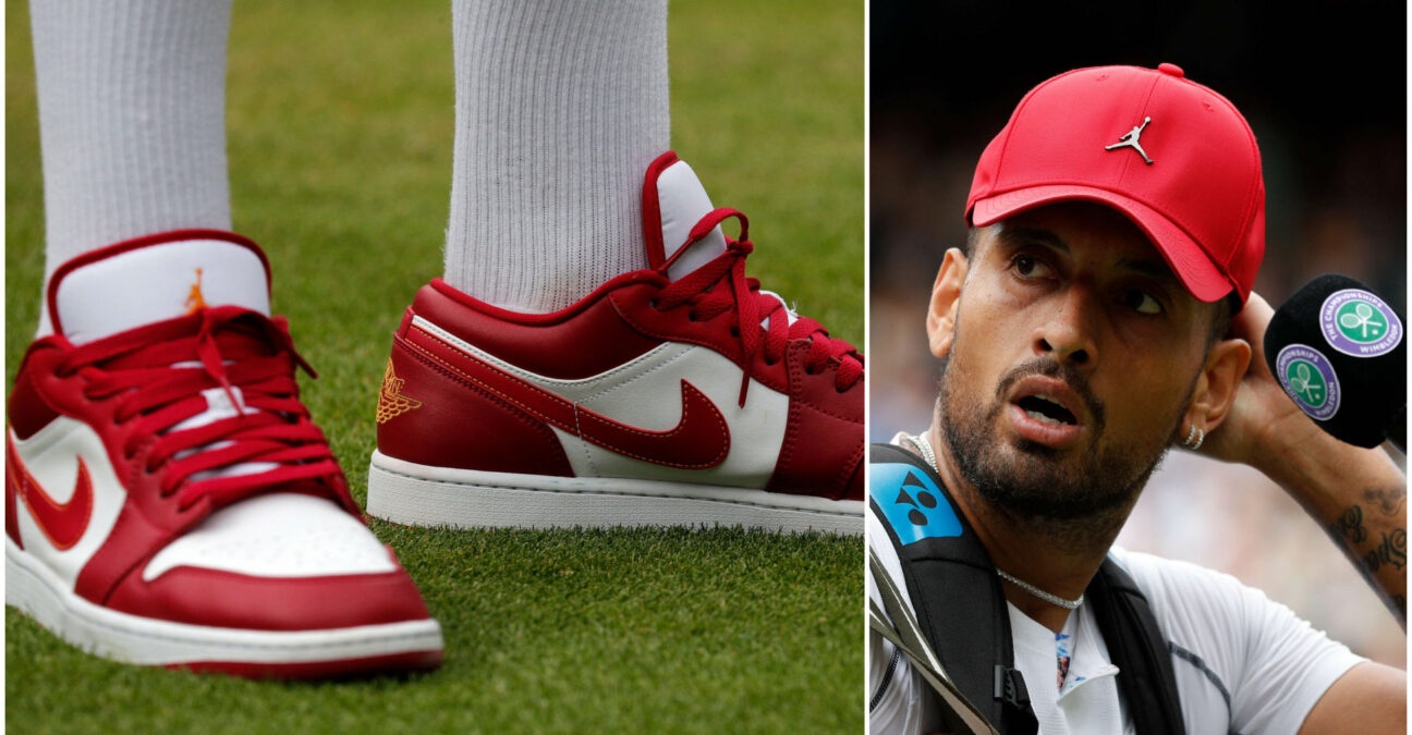Nick Kyrgios' red shoes and cap, Wimbledon 2022