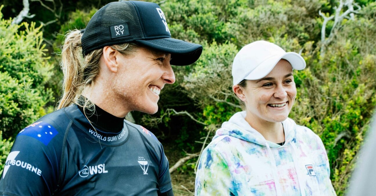 Ash Barty and Seven-time WSL Champion Stephanie Gilmore at the Rip Curl Pro Bells Beach at Bells Beach, Victoria, Australia in April 2022