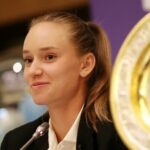 Elena Rybakina attends a press conference in Nur Sultan in 2022