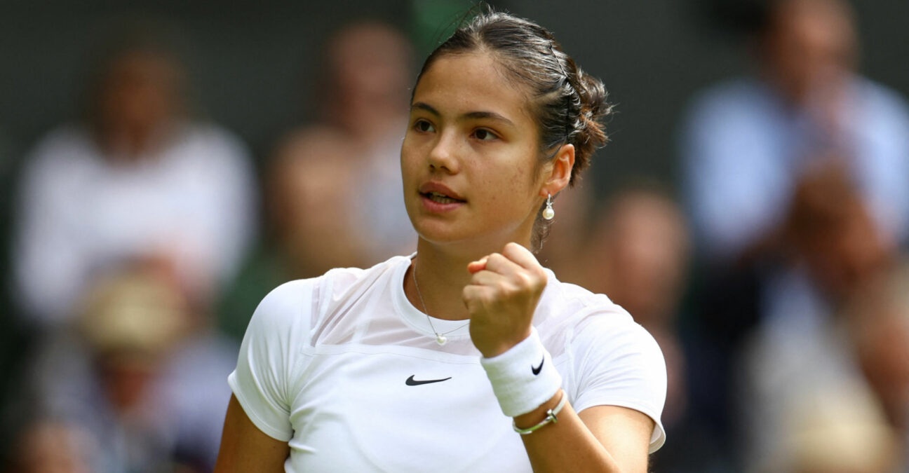 Emma Raducanu reacts during her second round match at Wimbledon 2022