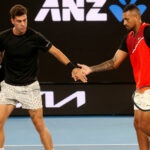 Australia's Nick Kyrgios and Thanasi Kokkinakis during the final of the 2022 Australian Open