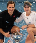 Roger Federer and Belinda Bencic with the 2019 Hopman Cup trophy