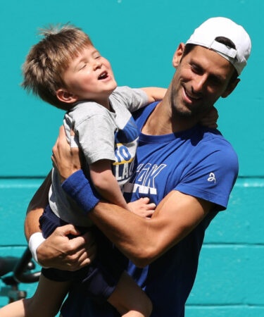 Novak Djokovic with son Stefan Djokovic at the Miami Open in 2019