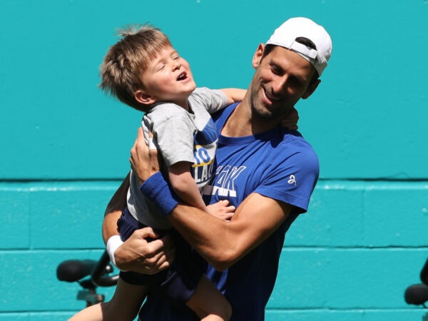 Novak Djokovic with son Stefan Djokovic at the Miami Open in 2019