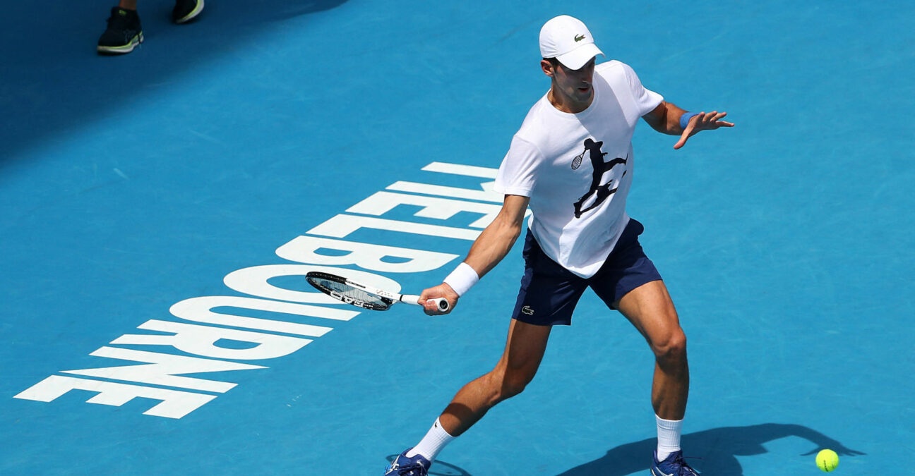 Novak Djokovic practices prior to the 2022 Australian Open