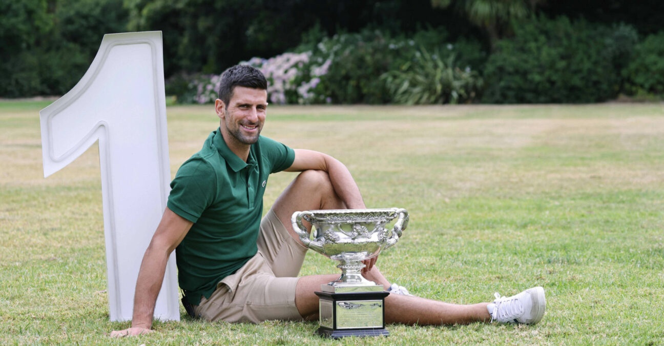 Novak Djokovic with the 2023 Australian Open trophy